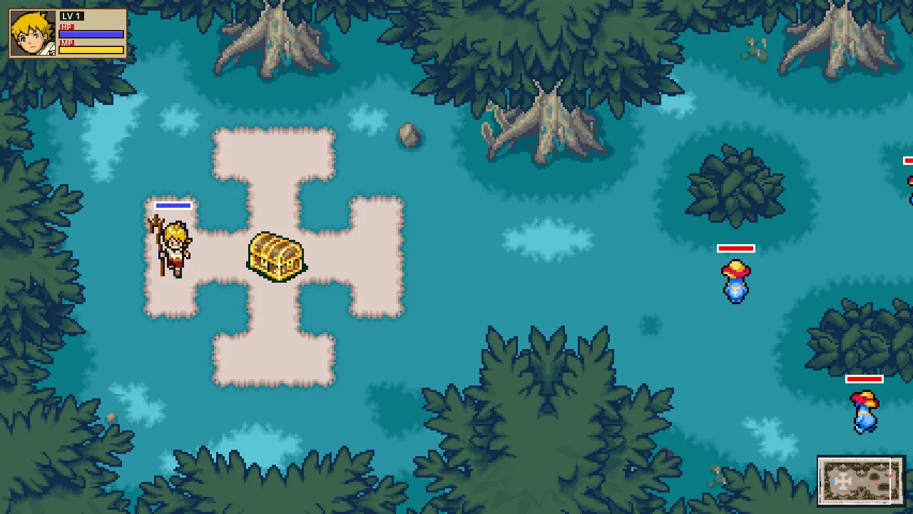 Isaac and the chest at the start of the battle, with the Misty Mushes on the right